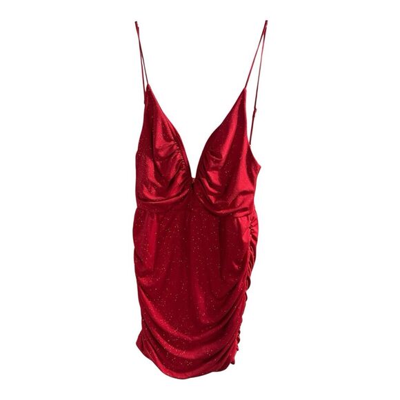 Lucy In The Sky Ruby Red Sparkle Mini Dress V Neck Low Size XL Homecoming Formal - Picture 1 of 6
